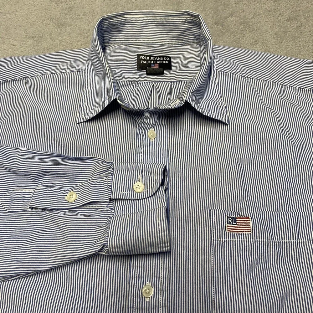 Polo Jeans Ralph Lauren Shirt Mens Large Blue Striped Button Up Flag Logo Y2K